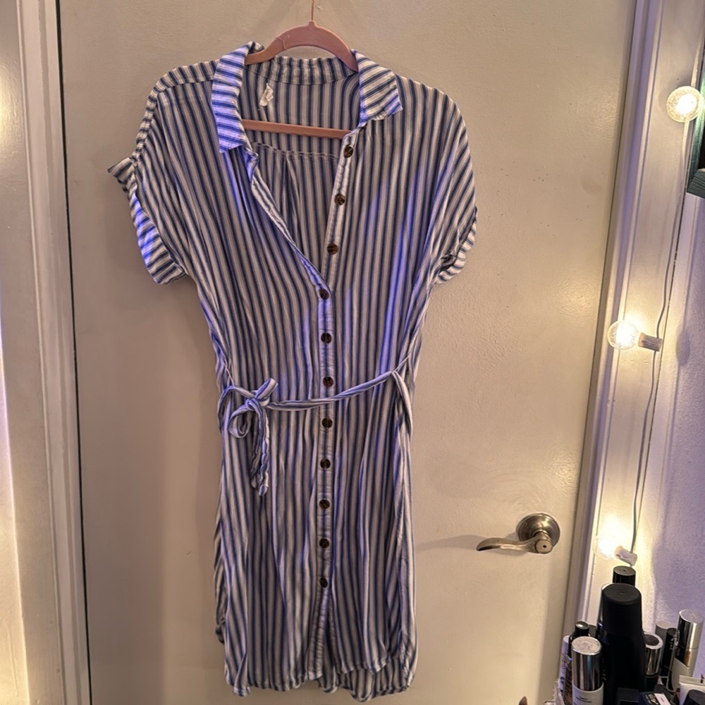 White and blue striped button down dress with tie